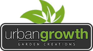 A simple and elegant logo featuring the text "Urban Growth Garden Creations" with a vibrant green leaf atop.